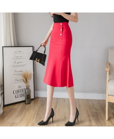 High Waist Red Pencil Skirts Womens Spring Summer Elegant Korean Office Ladies Black Double-Breasted Mermaid Skirts Female $3...