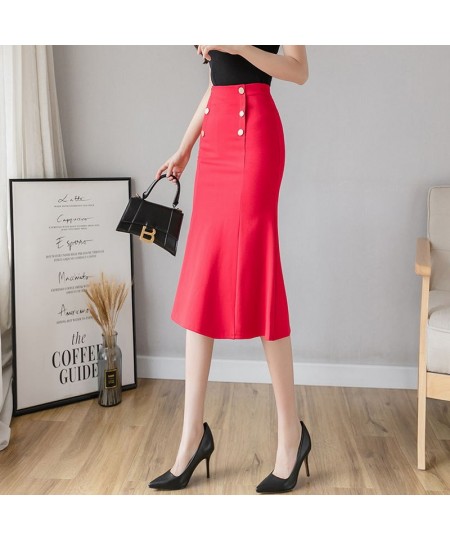 High Waist Red Pencil Skirts Womens Spring Summer Elegant Korean Office Ladies Black Double-Breasted Mermaid Skirts Female $3...