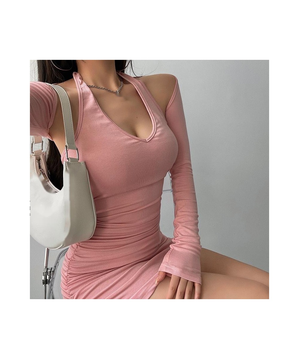 Girl Desire Lace Up Hanging V Neck Wrinkle Tight Skinny Hip Short Mini Dress Long Sleeve Tops Two-piece Korean C8G9 $48.08 - ...