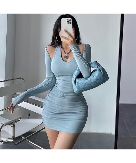 Girl Desire Lace Up Hanging V Neck Wrinkle Tight Skinny Hip Short Mini Dress Long Sleeve Tops Two-piece Korean C8G9 $48.08 - ...