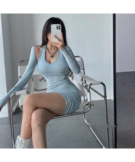 Girl Desire Lace Up Hanging V Neck Wrinkle Tight Skinny Hip Short Mini Dress Long Sleeve Tops Two-piece Korean C8G9 $48.08 - ...