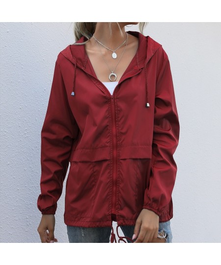 2023 Solid Hooded Windproof Sports Coat Female Zipper Long Sleeve Casual Cardigan Drawstring Raincoat Outerwear Women's Jacke...