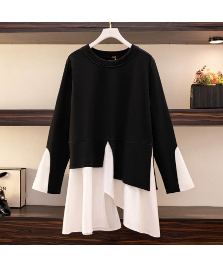 150Kg Plus Size Women's Bust 153 Loose Autumn New Contrast Color Stitching Long Sleeve Irregular T-Shirt 5XL 6XL 7XL 8XL 9XL ...