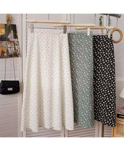 Fashion Elegant Vintage Floral Print A-Line Skirt Elastic High Waist Long Skirts For Women Summer White Black Chiffon Midi $3...