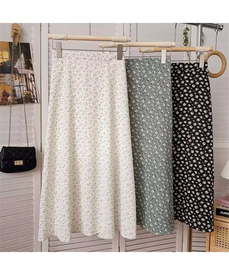 Fashion Elegant Vintage Floral Print A-Line Skirt Elastic High Waist Long Skirts For Women Summer White Black Chiffon Midi $3...