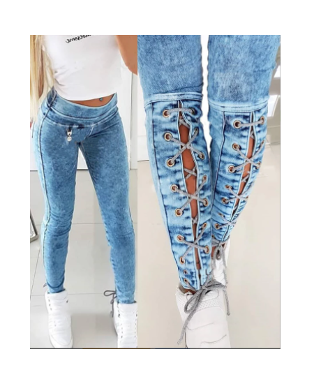 Casual Pants Women 2022 Autumn Summer New Fashion High Waist Sexy Solid Color Lace-up Skinny Jeans $58.32 - Jeans