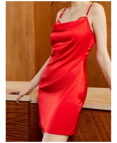 2023 Spring and Summer Dress Sexy Suspenders Slim Fit Slim Temperament Pure Color Red Nightdress Short Skirt $37.66 - Sleepwears