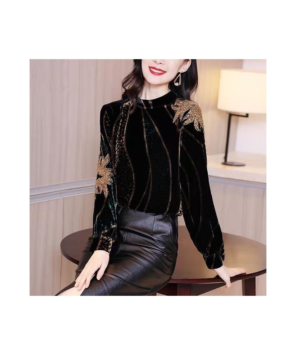 Autumn Winter Women Velvet OL Shirt & Blouse Female Pullover Half Turtleneck Bottom Tops Embroidery Sequined Clothing Plus Si...