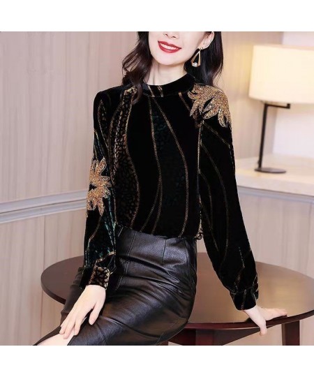 Autumn Winter Women Velvet OL Shirt & Blouse Female Pullover Half Turtleneck Bottom Tops Embroidery Sequined Clothing Plus Si...