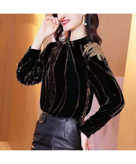 Autumn Winter Women Velvet OL Shirt & Blouse Female Pullover Half Turtleneck Bottom Tops Embroidery Sequined Clothing Plus Si...