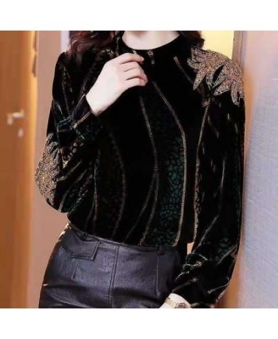 Autumn Winter Women Velvet OL Shirt & Blouse Female Pullover Half Turtleneck Bottom Tops Embroidery Sequined Clothing Plus Si...