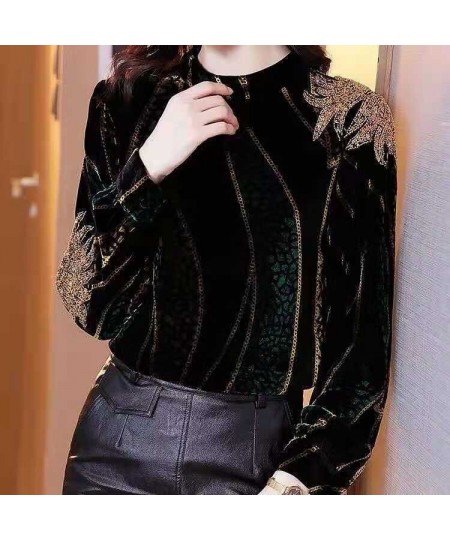 Autumn Winter Women Velvet OL Shirt & Blouse Female Pullover Half Turtleneck Bottom Tops Embroidery Sequined Clothing Plus Si...