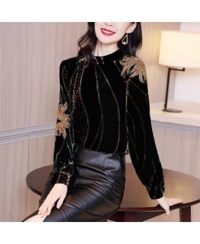 Autumn Winter Women Velvet OL Shirt & Blouse Female Pullover Half Turtleneck Bottom Tops Embroidery Sequined Clothing Plus Si...