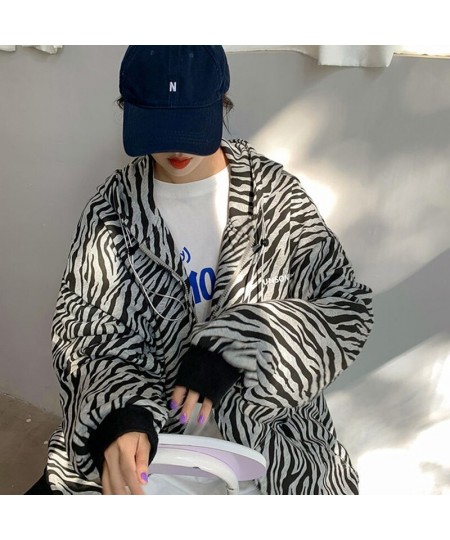 Zebra Striped Jackets Women Coupes PopularHooded Coats Autumn Female Harajuku Unisex BF Zipper Outerwear Ins Fashion Hip Hop ...