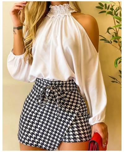 Fashion Women Two Piece Set Could Shoulder Long Sleeve Top & Houndstooth Print Mini Skort Set $41.30 - Suits & Sets