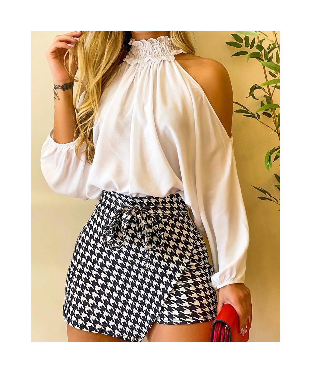 Fashion Women Two Piece Set Could Shoulder Long Sleeve Top & Houndstooth Print Mini Skort Set $41.30 - Suits & Sets