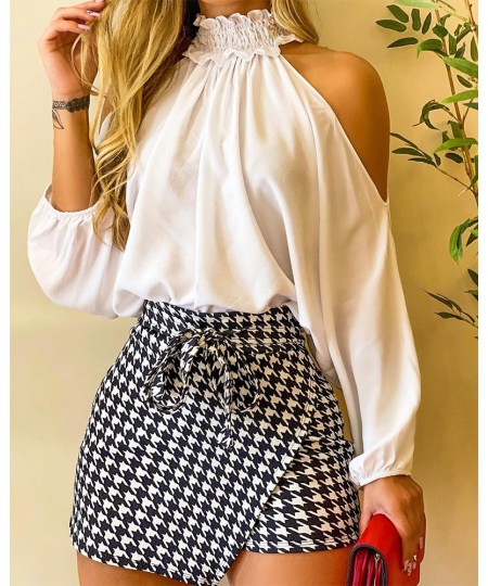 Fashion Women Two Piece Set Could Shoulder Long Sleeve Top & Houndstooth Print Mini Skort Set $41.30 - Suits & Sets