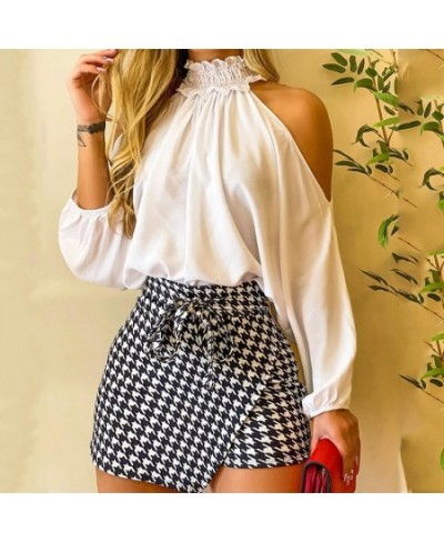 Fashion Women Two Piece Set Could Shoulder Long Sleeve Top & Houndstooth Print Mini Skort Set $41.30 - Suits & Sets