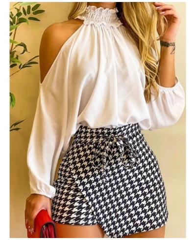 Fashion Women Two Piece Set Could Shoulder Long Sleeve Top & Houndstooth Print Mini Skort Set $41.30 - Suits & Sets