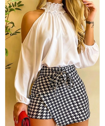 Fashion Women Two Piece Set Could Shoulder Long Sleeve Top & Houndstooth Print Mini Skort Set $41.30 - Suits & Sets