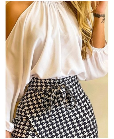 Fashion Women Two Piece Set Could Shoulder Long Sleeve Top & Houndstooth Print Mini Skort Set $41.30 - Suits & Sets