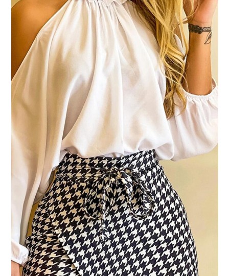 Fashion Women Two Piece Set Could Shoulder Long Sleeve Top & Houndstooth Print Mini Skort Set $41.30 - Suits & Sets