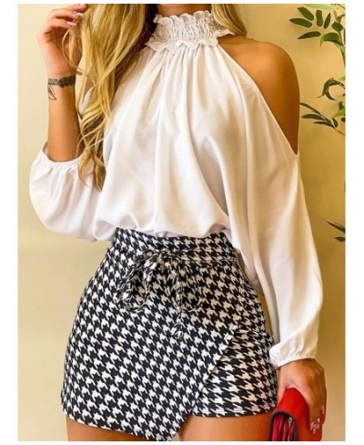 Fashion Women Two Piece Set Could Shoulder Long Sleeve Top & Houndstooth Print Mini Skort Set $41.30 - Suits & Sets