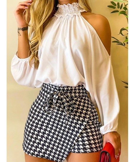 Fashion Women Two Piece Set Could Shoulder Long Sleeve Top & Houndstooth Print Mini Skort Set $41.30 - Suits & Sets