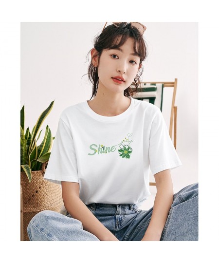 Women T-shirt 2023 Summer Short Sleeve O Neck Loose Tees Shine Flower Print Pure Cotton Comfort Casual Bottom Tops $31.13 - T...