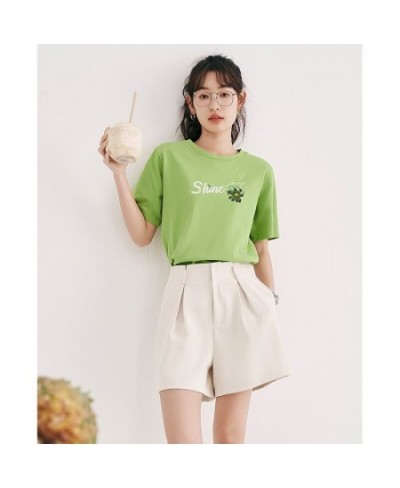 Women T-shirt 2023 Summer Short Sleeve O Neck Loose Tees Shine Flower Print Pure Cotton Comfort Casual Bottom Tops $31.13 - T...