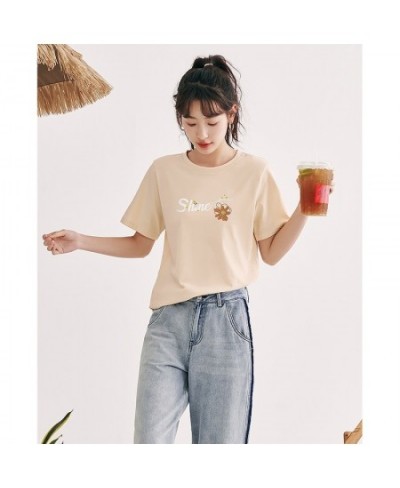 Women T-shirt 2023 Summer Short Sleeve O Neck Loose Tees Shine Flower Print Pure Cotton Comfort Casual Bottom Tops $31.13 - T...