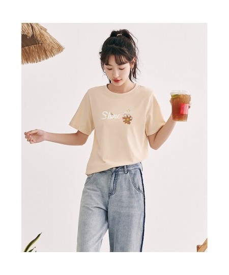 Women T-shirt 2023 Summer Short Sleeve O Neck Loose Tees Shine Flower Print Pure Cotton Comfort Casual Bottom Tops $31.13 - T...