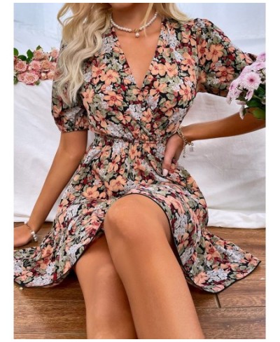 Women's Spring Summer V Neck Short Sleeve Sexy Blackless Strappy A Line Floral Print Dress For Fashion $33.78 - Dresses