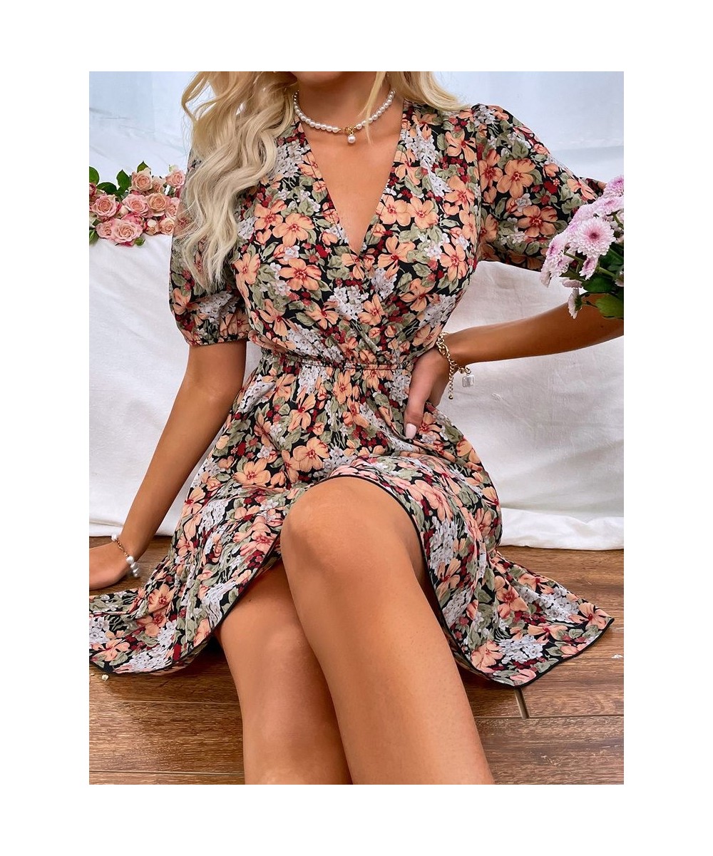 Women's Spring Summer V Neck Short Sleeve Sexy Blackless Strappy A Line Floral Print Dress For Fashion $33.78 - Dresses