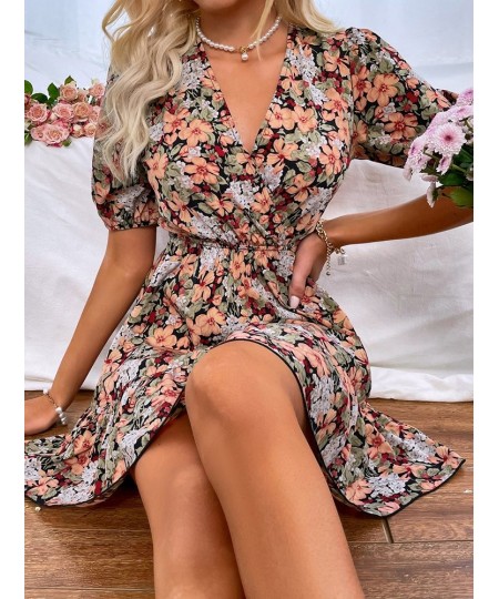 Women's Spring Summer V Neck Short Sleeve Sexy Blackless Strappy A Line Floral Print Dress For Fashion $33.78 - Dresses