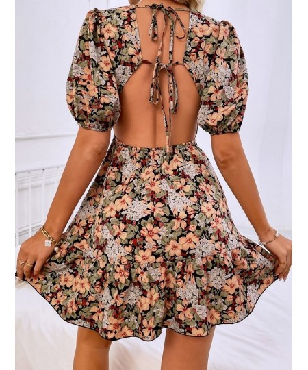 Women's Spring Summer V Neck Short Sleeve Sexy Blackless Strappy A Line Floral Print Dress For Fashion $33.78 - Dresses