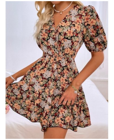 Women's Spring Summer V Neck Short Sleeve Sexy Blackless Strappy A Line Floral Print Dress For Fashion $33.78 - Dresses