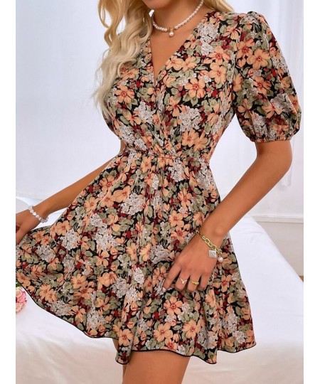 Women's Spring Summer V Neck Short Sleeve Sexy Blackless Strappy A Line Floral Print Dress For Fashion $33.78 - Dresses