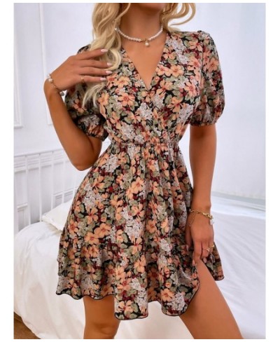 Women's Spring Summer V Neck Short Sleeve Sexy Blackless Strappy A Line Floral Print Dress For Fashion $33.78 - Dresses