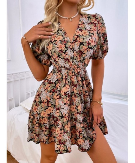 Women's Spring Summer V Neck Short Sleeve Sexy Blackless Strappy A Line Floral Print Dress For Fashion $33.78 - Dresses