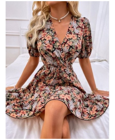 Women's Spring Summer V Neck Short Sleeve Sexy Blackless Strappy A Line Floral Print Dress For Fashion $33.78 - Dresses