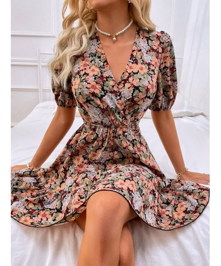 Women's Spring Summer V Neck Short Sleeve Sexy Blackless Strappy A Line Floral Print Dress For Fashion $33.78 - Dresses