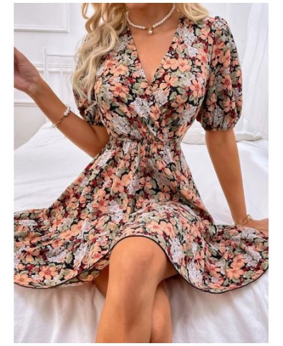 Women's Spring Summer V Neck Short Sleeve Sexy Blackless Strappy A Line Floral Print Dress For Fashion $33.78 - Dresses