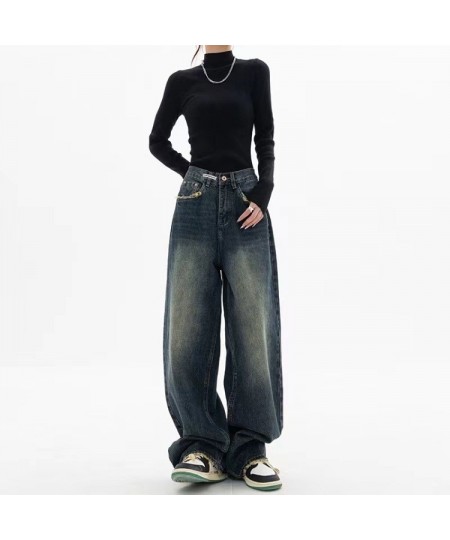 Harajuku Vintage High Waist Drape Wide Leg Jeans Woman Straight Full Length Baggy Denim Trousers Retro Blue Jean Pant $42.28 ...