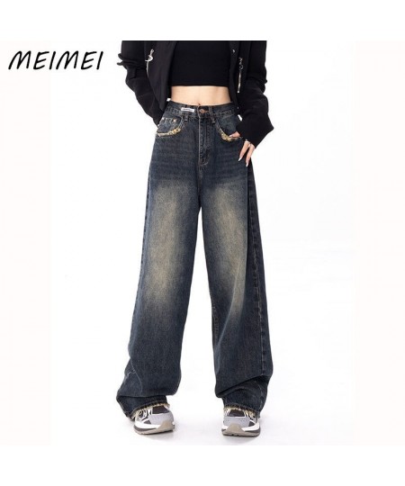 Harajuku Vintage High Waist Drape Wide Leg Jeans Woman Straight Full Length Baggy Denim Trousers Retro Blue Jean Pant $42.28 ...