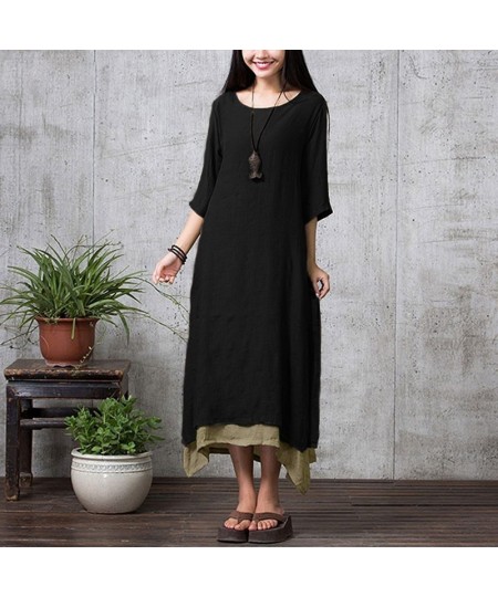 Fishion Women Vintage Dress Split Irregular Hem Casual Loose Boho Long Maxi Dresses Lady Solid Dress $35.69 - Dresses