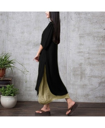 Fishion Women Vintage Dress Split Irregular Hem Casual Loose Boho Long Maxi Dresses Lady Solid Dress $35.69 - Dresses