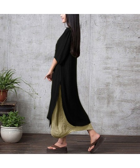 Fishion Women Vintage Dress Split Irregular Hem Casual Loose Boho Long Maxi Dresses Lady Solid Dress $35.69 - Dresses