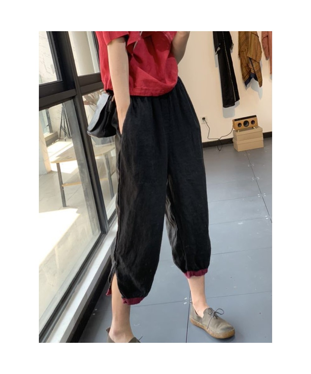 2022 Summer New Style Literary Style Contrast Color Harem Pants Loose Casual Show Thin Foot Plate Buckle Cotton and Linen Pan...