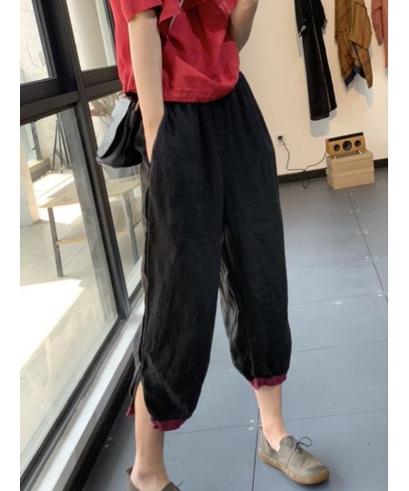 2022 Summer New Style Literary Style Contrast Color Harem Pants Loose Casual Show Thin Foot Plate Buckle Cotton and Linen Pan...